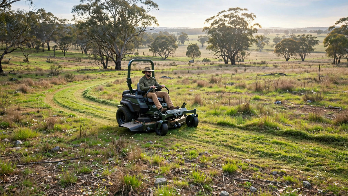 Zero-turn mower mowing a rocky rural acreage property in Australia during spring mowing season