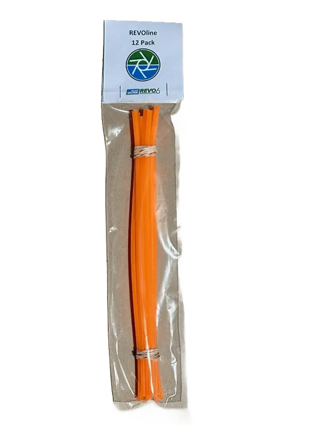 Pack of 12 orange mower blade alternatives in clear plastic packaging