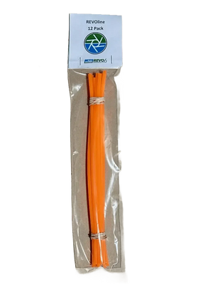 Pack of 12 orange mower blade alternatives in clear plastic packaging