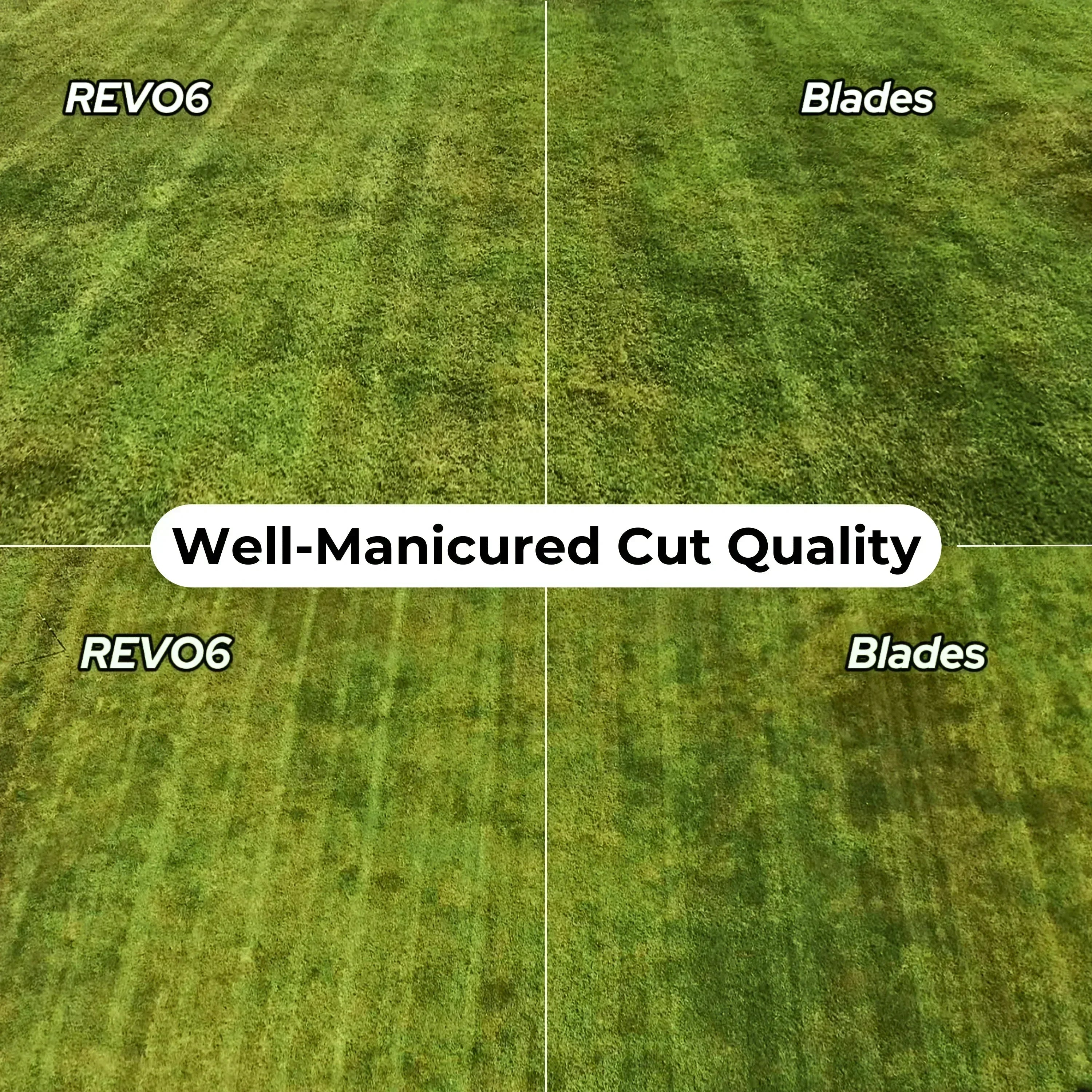 Comparison of lawn cut quality between REVO6 and standard blades, showing even grass patterns