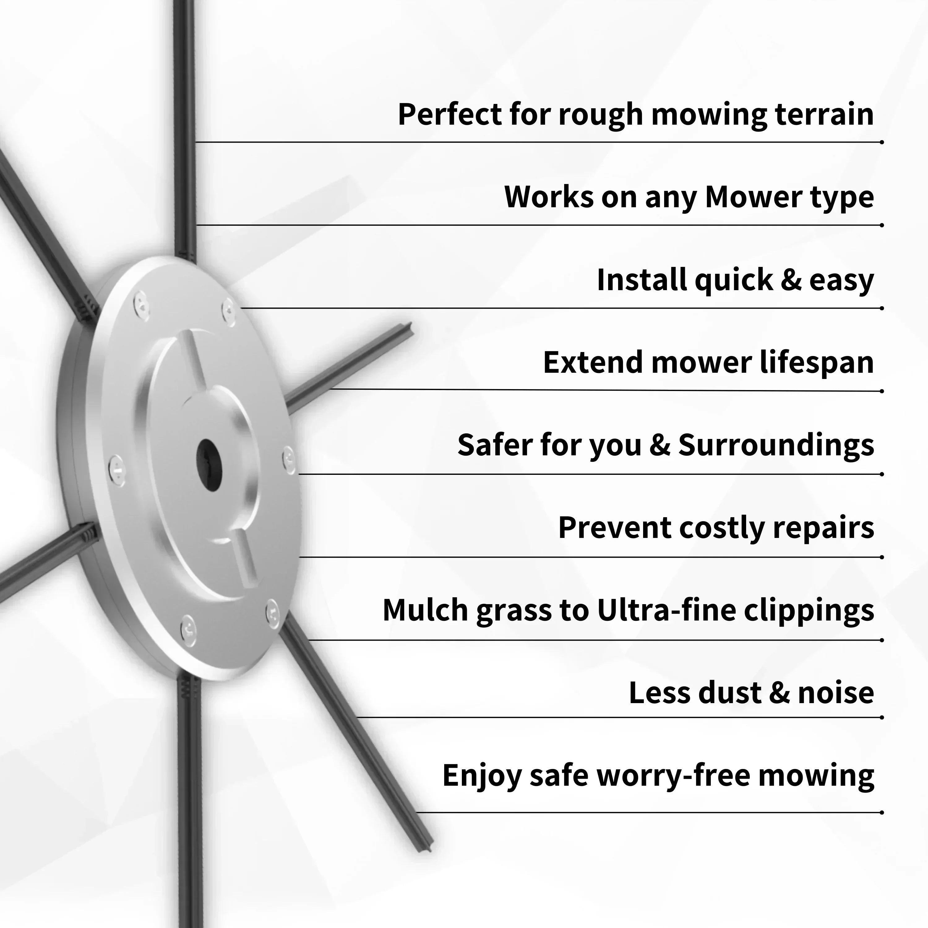 Efficient mower blade alternative with safety features and benefits for various terrains.