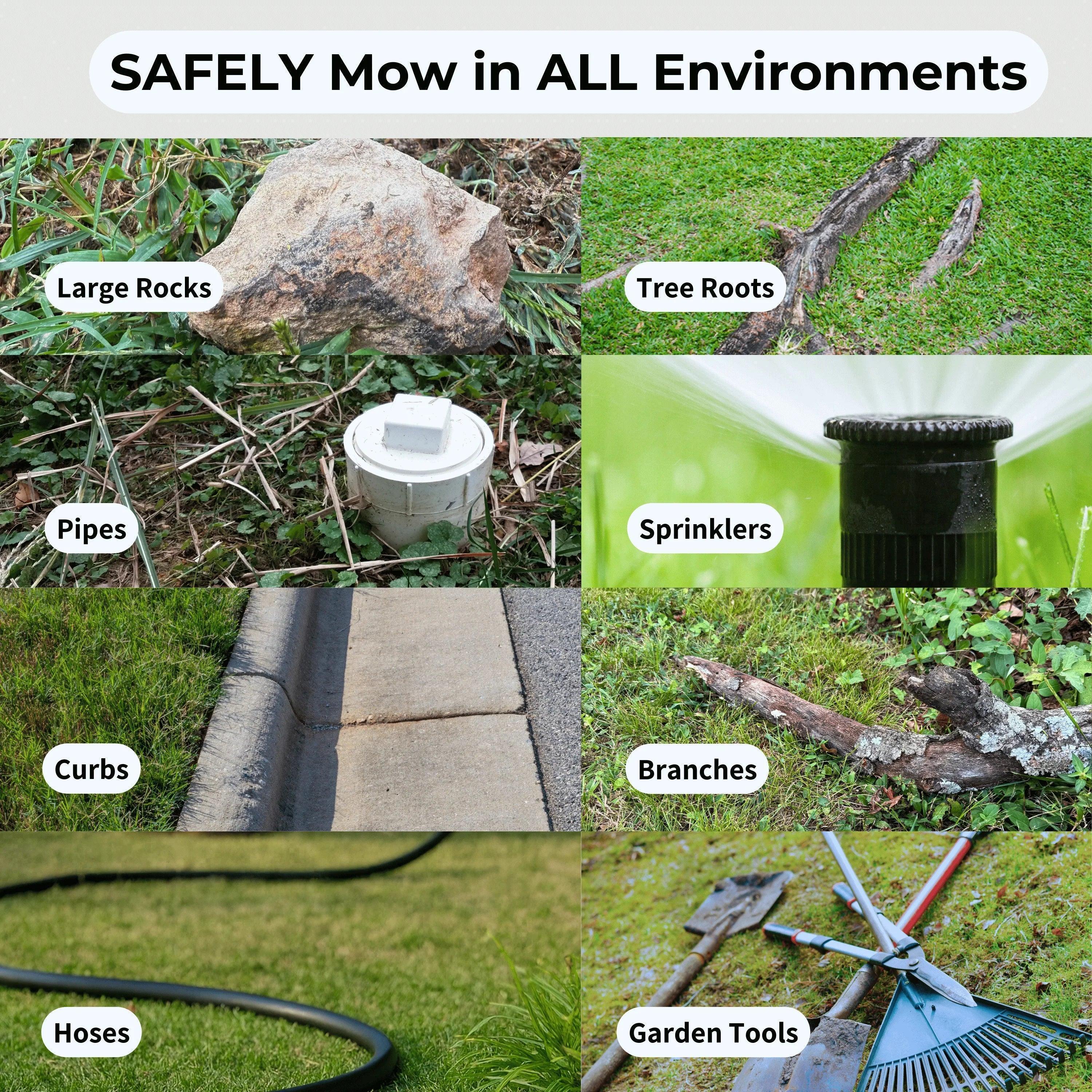 Lawn hazards like rocks, roots, pipes, sprinklers, hoses, curbs, branches, and garden tools