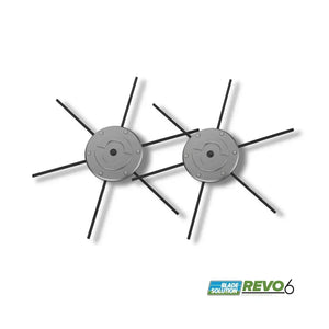 Pair of REVO6 mower blade alternatives with six black cutting lines on white background