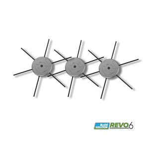Set of three REVO6 2.0 mower blade alternatives with six black cutting lines each.