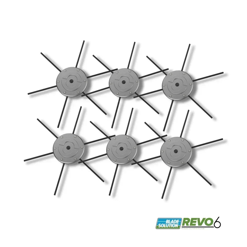 Six REVO6 mower blade alternatives with six flexible cutting lines on white background